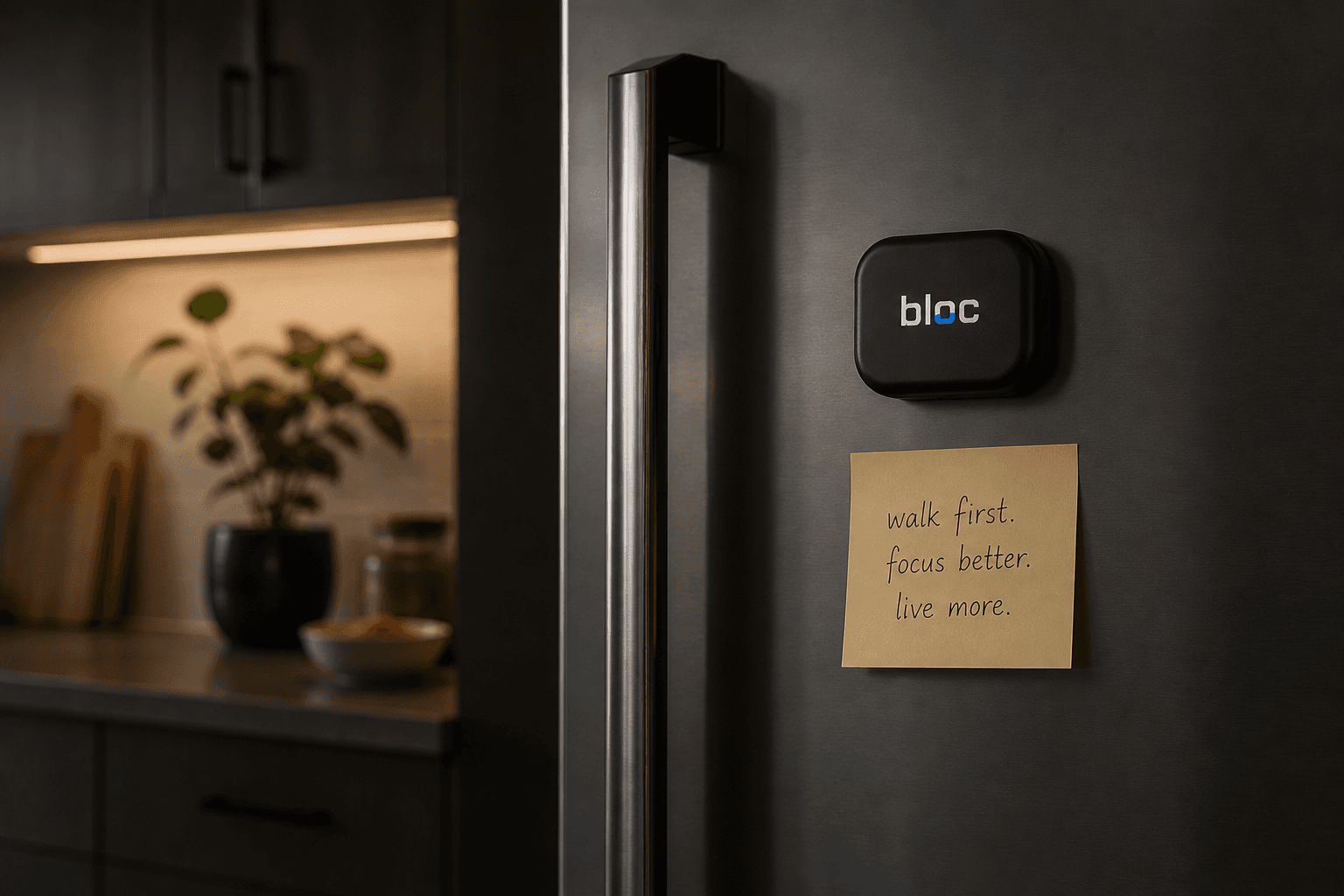 bloc on a stainless fridge next to a sticky note that reads walk first, focus better, live more