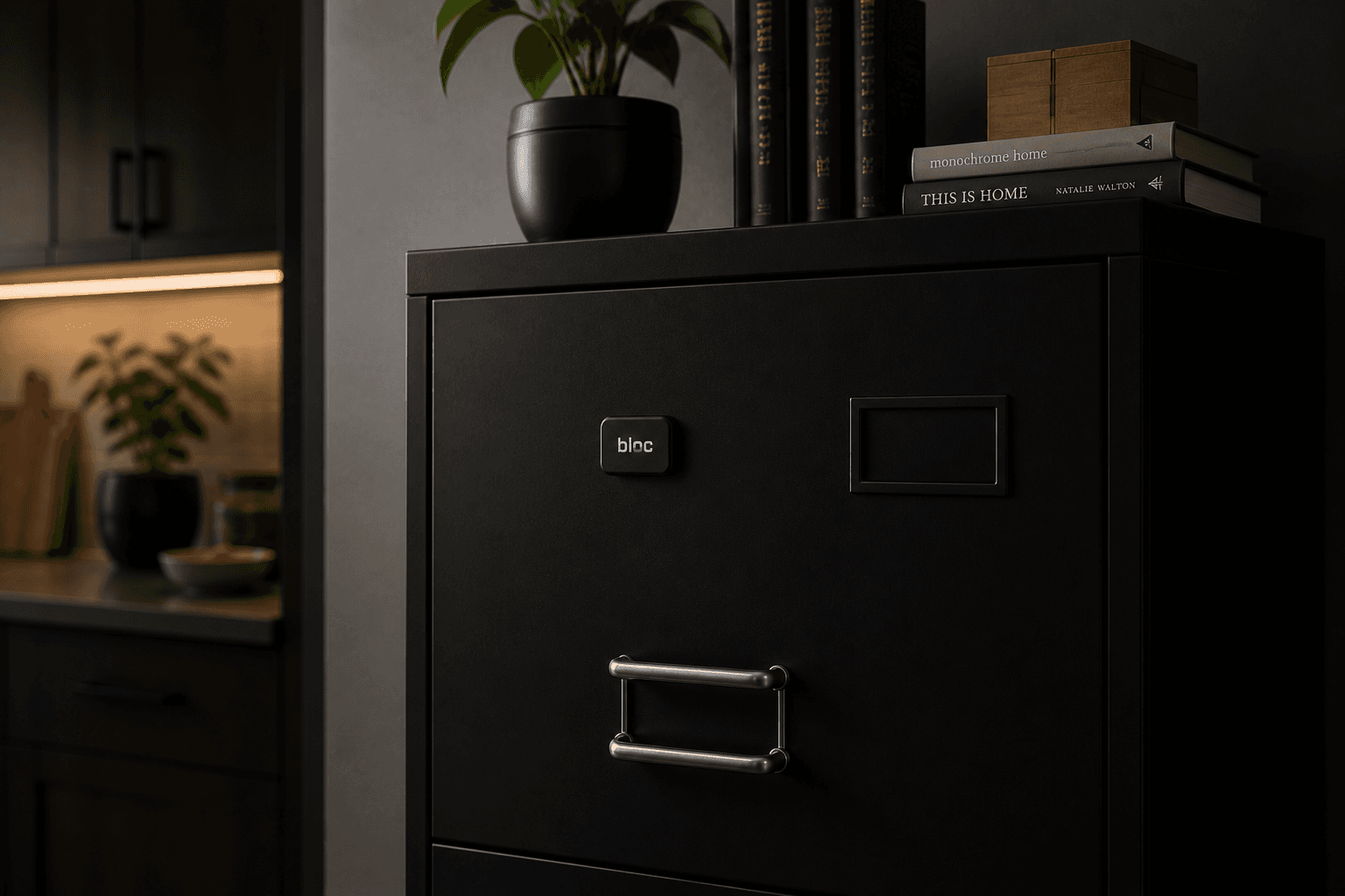 bloc on a black filing cabinet, lifestyle setting