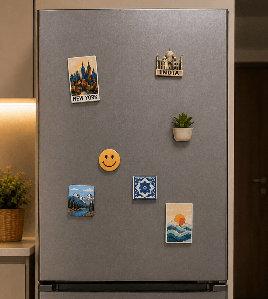 a grey fridge covered in travel magnets in a warm evening kitchen, with one spot still empty