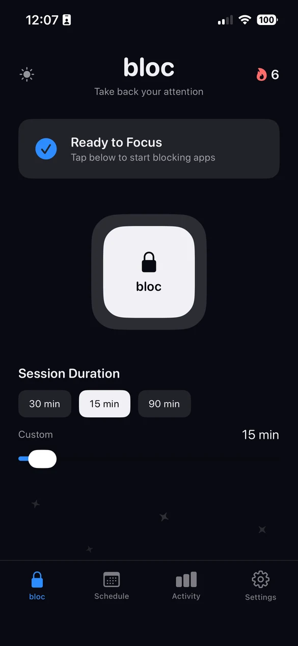 The bloc app home screen: Ready to Focus, a session length picker and the bloc button